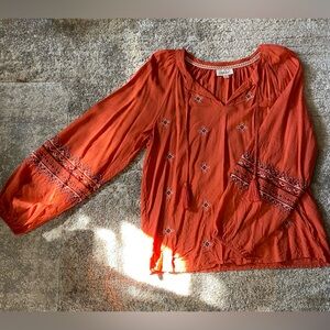 Style & Co. Orange Embroidered Boho Peasant Blouse with Tassels